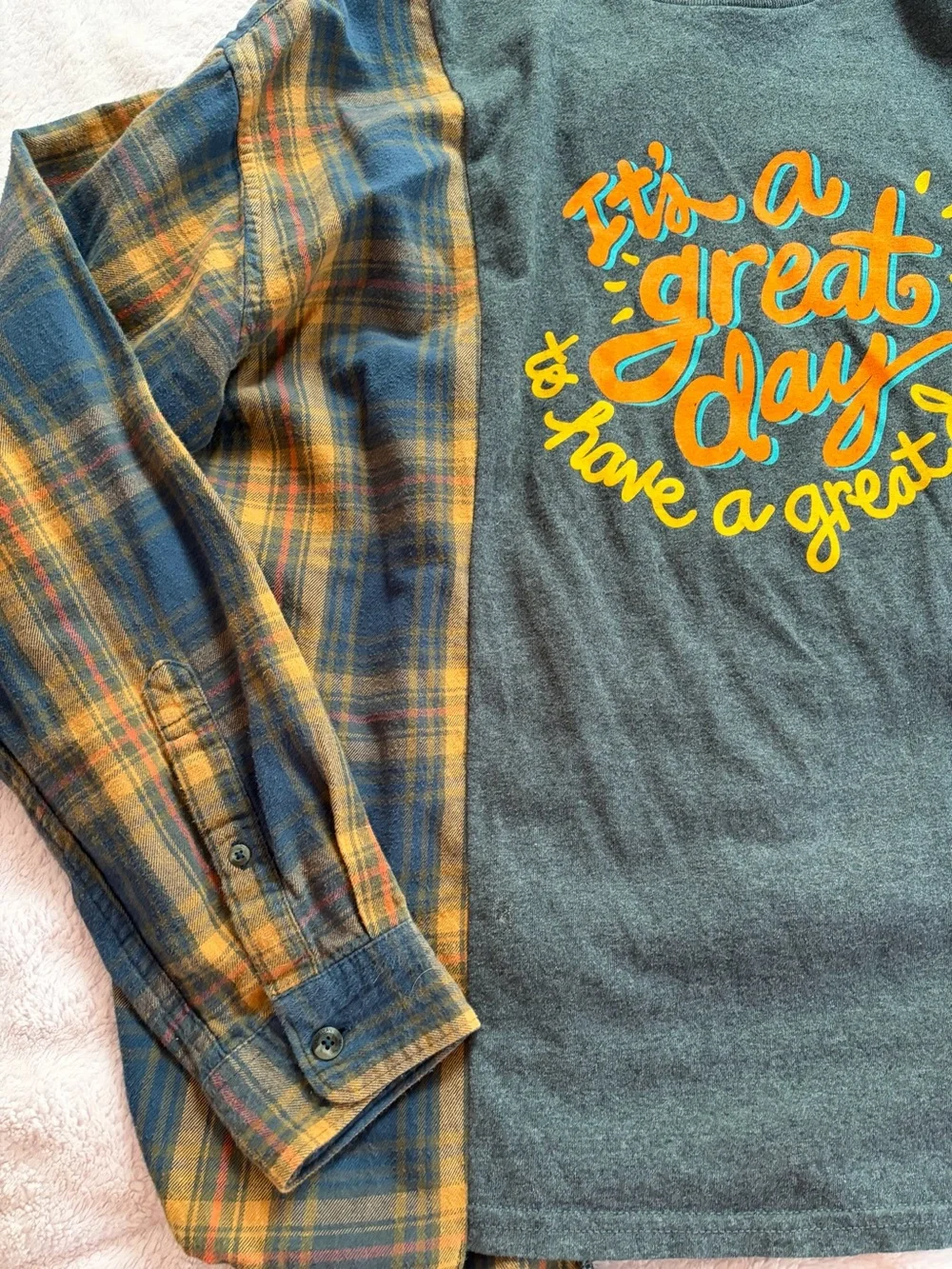 Gildan Dark Gray Long-Sleeve Tee with Yellow and Teal Graphic and Plaid Sleeves - Picture 2 of 5